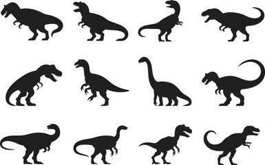 Dinosaur silhouettes collection with T-Rex, Brachiosaurus, Velociraptor, prehistoric reptiles, Jurassic creatures, extinct animals, dinosaur icons, fossil figures, ancien