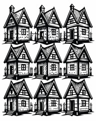 Hand drawn grid of twelve rustic elements in black and white