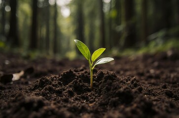 Bright Sunlight on New Plant Growth in Forest Soil ai generated