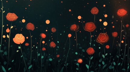 Glowing red roses in dark night garden.