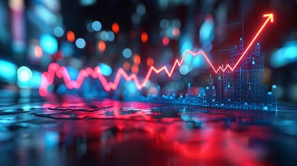 Red line graph with arrow pointing up over blue cityscape and bokeh lights in the background