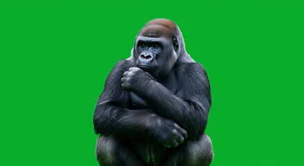 Obraz premium A gorilla with a thoughtful expression sitting against a bright green background in a studio setting
