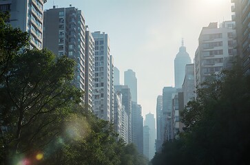 City Skyline View Green Trees Haze Sunlight ai generated