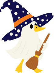 Coquette Halloween Goose Dressed as Ghost Witch with Broom