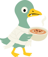 Coquette Halloween Goose in Mummy Costume Holding Hot Soup