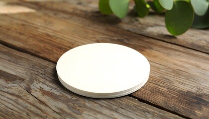 Blank white round beer coaster mockup for an Oktoberfest celebration design, on a rustic wood table.