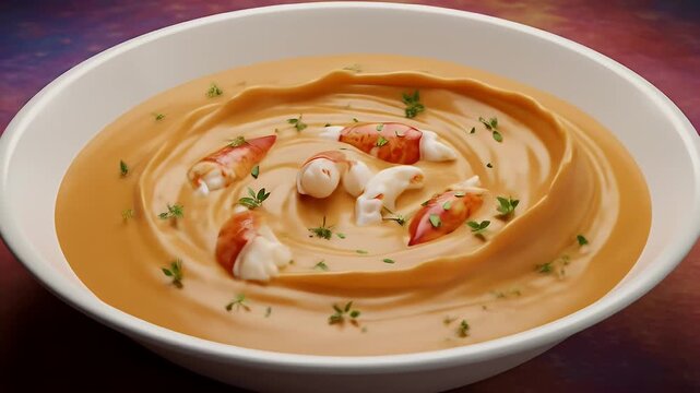 Lobster bisque served in a white bowl