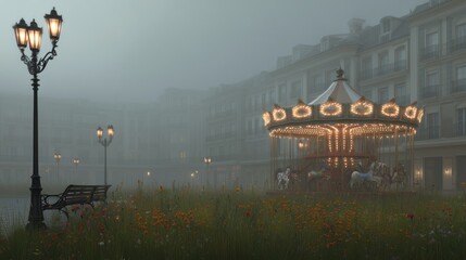 Misty evening carousel illuminated with golden lights amidst wildflowers and grassy field, surrounded by apartment buildings with bench and street lamp under hazy atmosphere, wide-angle perspective ca