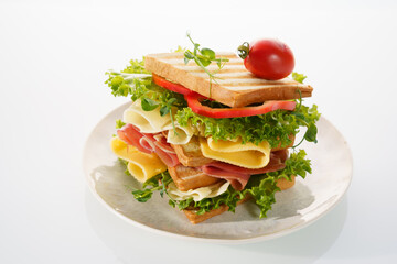 Delicious stacked sandwich with fresh ingredients on a white plate ready to be enjoyed