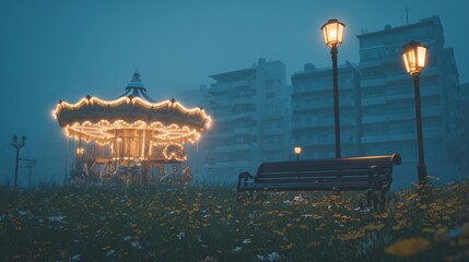 Misty evening carousel illuminated with golden lights amidst wildflowers and grassy field, surrounded by apartment buildings with bench and street lamp under hazy atmosphere, wide-angle perspective ca
