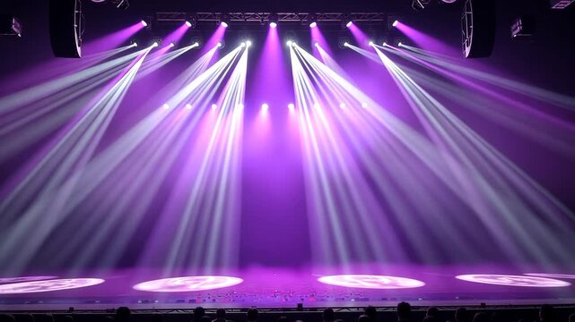 Dynamic Purple Stage Lighting with Bright Spotlights and Beam Effects