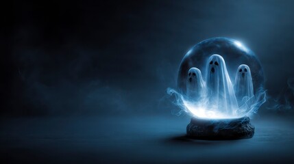 Glowing Crystal Ball Halloween Banner with Ghostly Apparitions ,Happy halloween, halloween banner, halloween banner with copy space for text. 