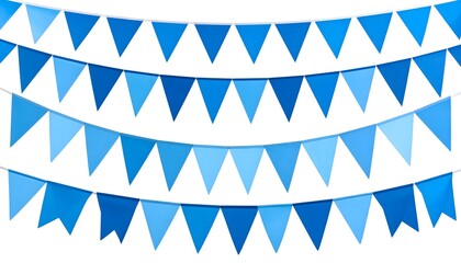 Rows of hanging blue party flags for a festive fair or carnival celebration, isolated on a white background