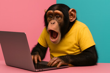 Funny chimpanzee wearing yellow t shirt using laptop with shocked expression on pink and blue background, humorous animal technology concept, surprised monkey face, comical primate working on computer