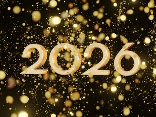Happy New Year 2026. Modern golden text 2026 and confetti on black background. 3D illustration rendered