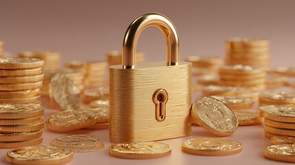 Golden padlock stands amidst stacks of gold coins, symbolizing secure investment and financial protection. scene conveys sense of wealth and security, emphasizing importance of safeguarding assets