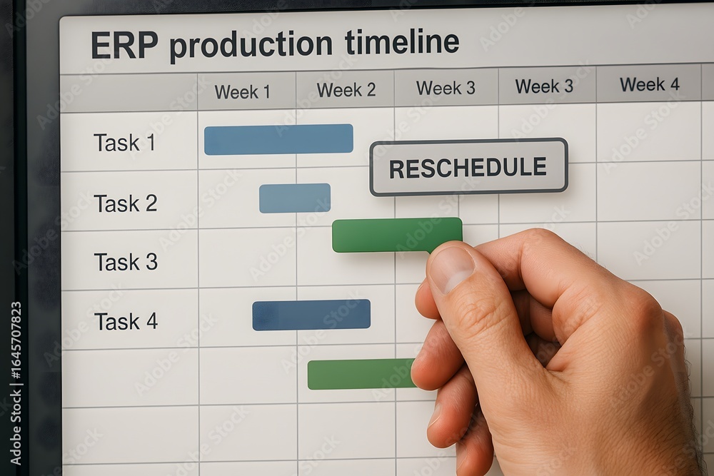 Aufkleber a hand scheduling a task on the erp production timeline.