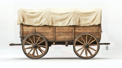 Rustic Wooden Wagon with Canvas Cover Detailed 3D Render Isolated White Background. Vintage Cart