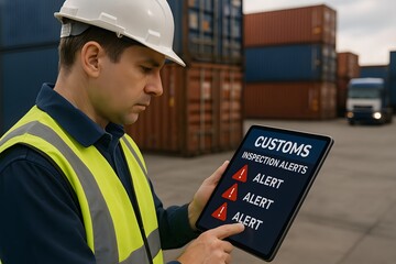 A customs inspector carefully reviews inspection alerts on his tablet amidst shipping containers. 
