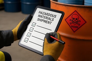 A person completing a hazardous materials shipment checklist. 