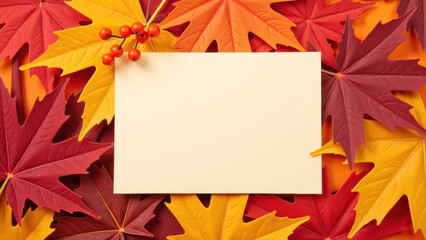 Obraz premium Blank card surrounded by vibrant autumn leaves in red, orange, and yellow hues, creating warm and inviting atmosphere