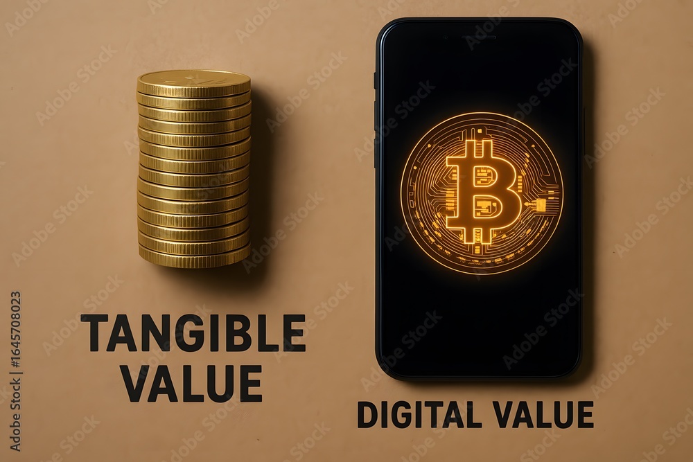 Poster a contrasting image showcasing the shift from tangible to digital value with a bitcoin symbol on a p