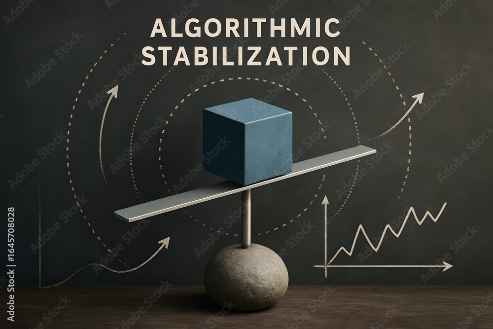 Poster conceptual visualization of algorithmic stabilization, with a cube on a balancing scale and arrows i