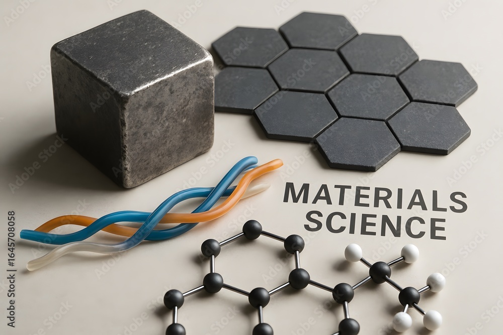 Poster exploring the world of materials science through abstract elements and innovative concepts.