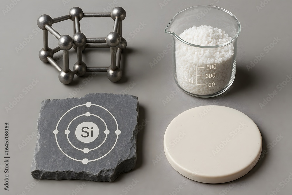 Poster a collection of scientific objects related to the element silicon.