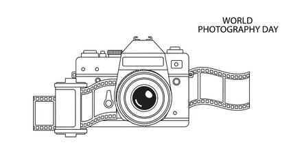 Vintage Film Camera with Film Roll Illustration – World Photography Day Celebration Concept.