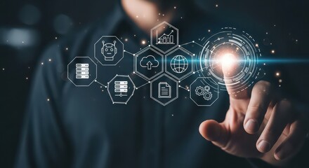 Person interacting with futuristic digital interface displaying interconnected technology icons and data streams