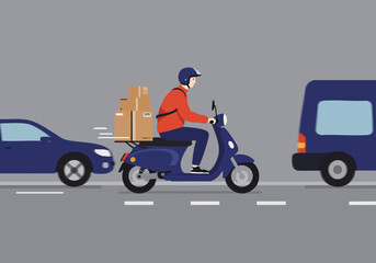 A delivery rider speeds through traffic on a scooter, carrying boxes. Dynamic illustration showcasing delivery services. Modern, vibrant, and commercially appealing.