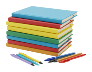 Creative study setup colorful notebooks and pens office space collection bright atmosphere overhead. Cut out png