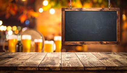 Traditional beer festival setting with a rustic table and blank sign, ideal for Oktoberfest promotions.