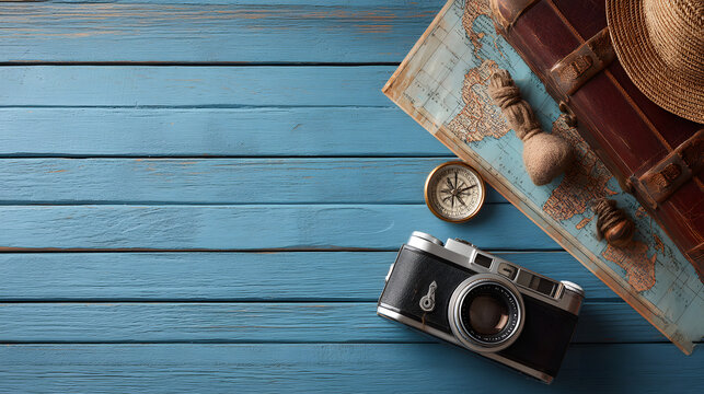 Vintage camera and compass lie near suitcase and map on weathered blue wooden surface, evoking adventure and nostaic travel experiences around the world. - Powered by Adobe
