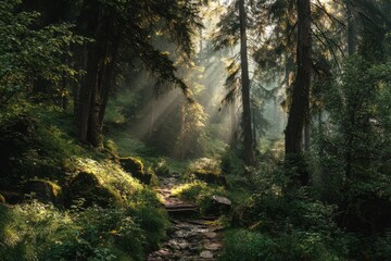Obraz premium Serene Sunlight Filtering Through Dense Forest Canopy Creating Magical Atmosphere in Woodland Scene