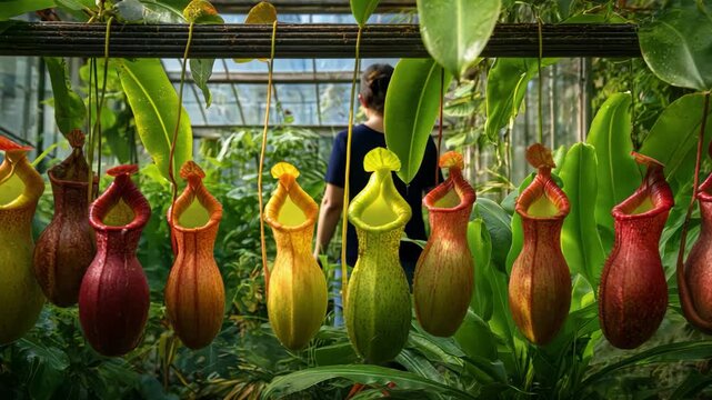 Close-Up of Tropical Pitcher Plants in Greenhouse Light, Woman Walking on Background