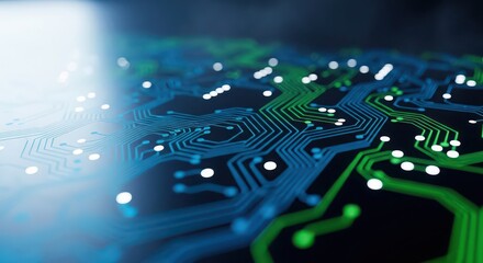 Intricate circuit board pathways illuminated by bright blue and green light with glowing components