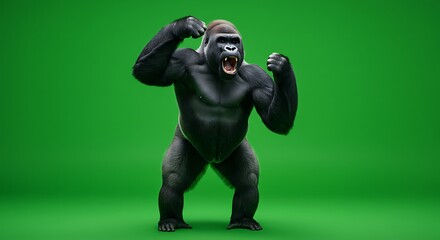 A gorilla standing on a green screen background with its fists raised and mouth open in a roar