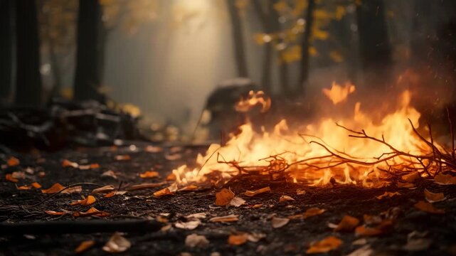 Wildfire on Forest Floor in Autumn