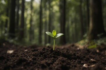 Closeup Young Evergreen Seedling Growth in Forest Soil ai generated