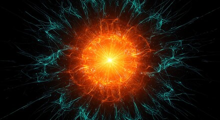 Glowing Sphere with Orange Core and Teal Energy Strands on Black