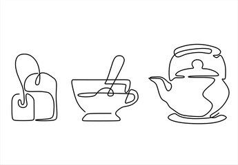 Teapot Cup and Tea Bag. Time to drink tea. line icon-continuous line drawing. Editable stroke. 
