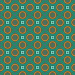 Vibrant, retro-inspired geometric pattern of circular and square motifs arranged in a grid. Great for fashion fabrics, decorative wall art, wrapping paper, tiled surfaces, backsplashes and floors
