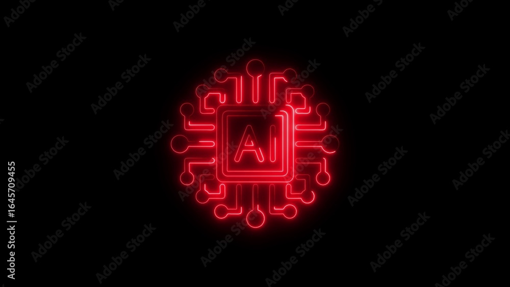 Poster red neon artificial intelligence chip design with circuitry and black background
