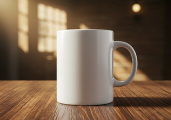 A single white mug placed on a wooden table, bathed in sunlight. The shadows of a window cast across the background, creating a warm and inviting atmosphere