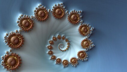 Abstract spiral design with concentric, decorative, bronze-toned circles against a light blue gradient background
