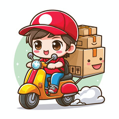 Vector image of a cute courier carrying a package on a motorbike