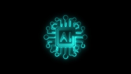 Glowing neon artificial intelligence circuit board on a deep black background