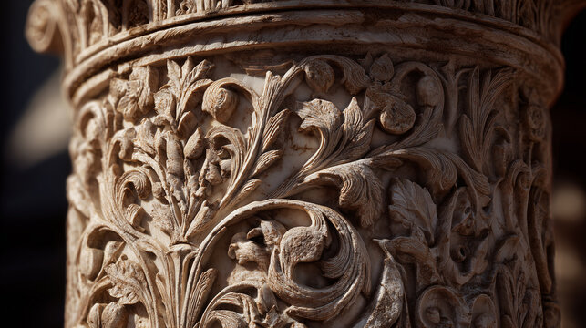 Ultra-realistic close-up of intricate carvings on a Roman marble column, warm sunlight casting deep shadows, high detail textures, museum-quality photography